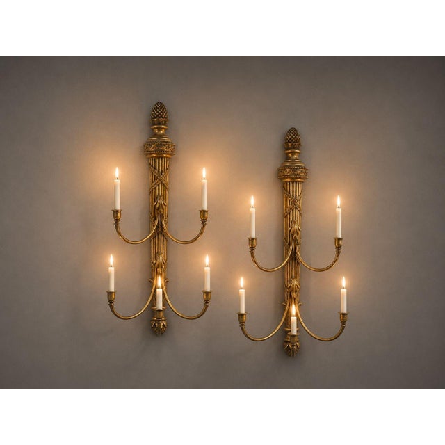 Neoclassical Style, Pair of Candelabra Wall Lights or Sconces, Giltwood, USA, 1940s Pair of neoclassical style giltwood...