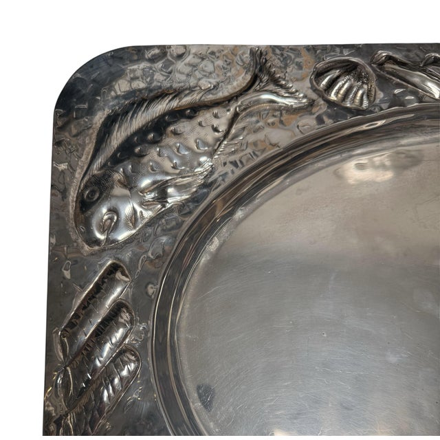Metal Macer Italian Silver Lavorato a Mano Fish Seafood Platter For Sale - Image 7 of 8