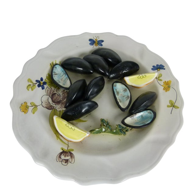 Black Mid-Century Italian Trompe L’Oeil Hand Painted Wall Plate by Peasant Village | Mussels & Lemon Wedges | Majolica For Sale - Image 8 of 11