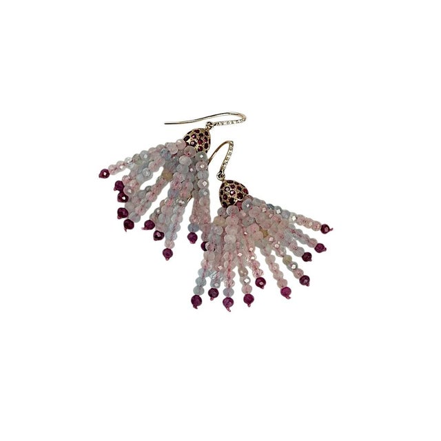 Modern 14k Yellow Gold Diamond Shepherd Hoop Drop Earrings With Ruby, Morganite & Ruby, A Pair For Sale - Image 3 of 6