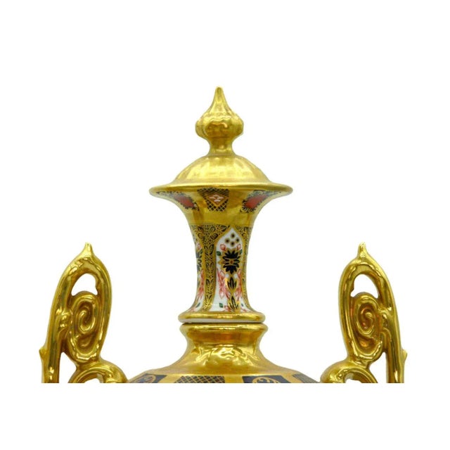 English Gilt Painted Royal Crown Derby Vases/Urns - a Pair For Sale - Image 11 of 13