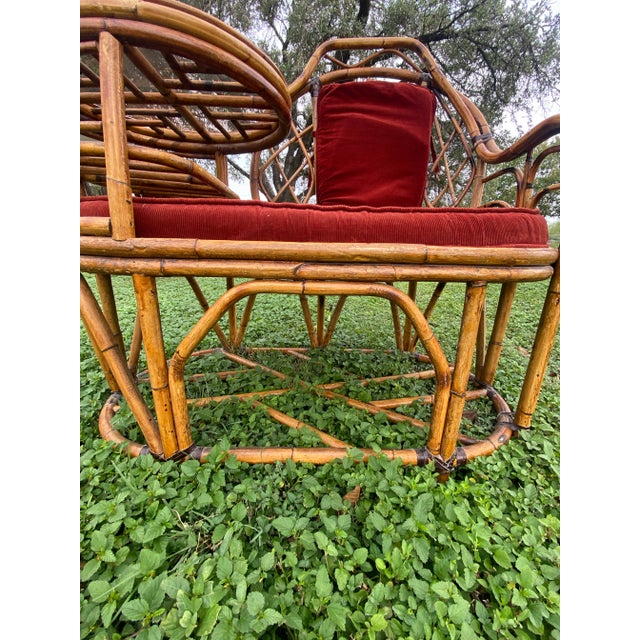 Vintage bamboo gossip bench with matching original seat and back cushions. And original glass top for table top! A well...