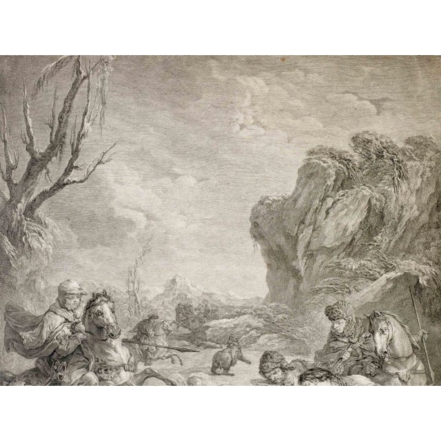 Hunting the Bear is an old master artwork realized by Jean Jaques Flipart (1709 - 1782) in the late 18th Century Sheet...