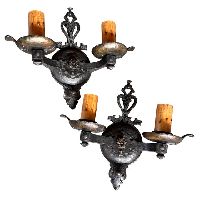 1920s 1920 Hammered and Mixed Cast Iron and Brass Sconces, Original Patina - a Pair For Sale - Image 5 of 6