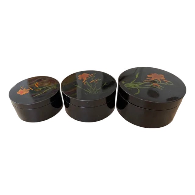 Vintage Black Lacquered Japanese Hand Painted Nesting Trio Boxes For Sale