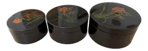 Vintage Black Lacquered Japanese Hand Painted Nesting Trio Boxes