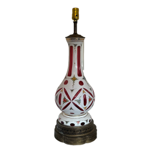 Vintage Bohemian Czech Glass Lamp White Cut to Cranberry