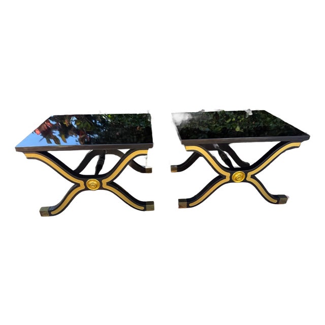 Pair of Hollywood Regency Black Lacquer & Gilt Side Tables by Heritage Furniture, Circa 1980s For Sale
