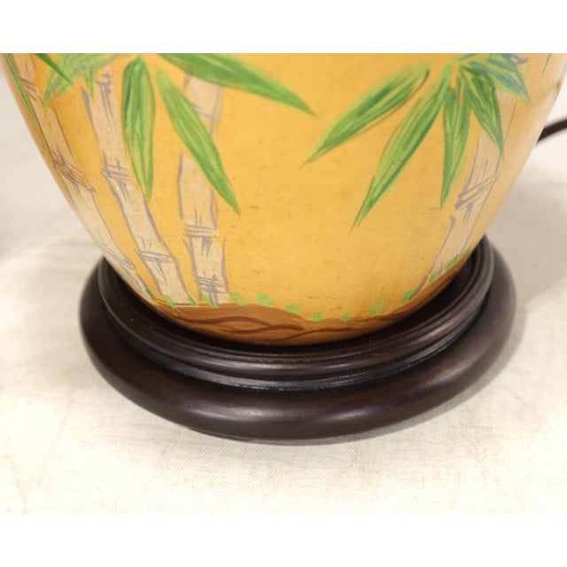 Vintage Hollywood Regency Style Hand-Painted Yellow Ceramic Bird and Bamboo Table Lamps - a Pair For Sale - Image 11 of 13