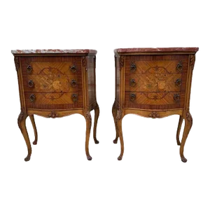 1920s Pair of Louis XV Style Marquetry Inlaid Marble Top End Tables