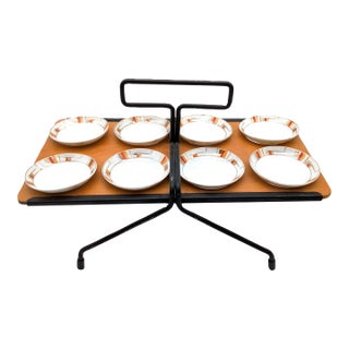 Rare Set of MCM Serving Plates and Wood Carry Holder Set of 9 For Sale