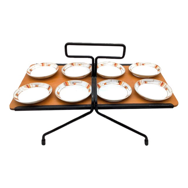 Rare Set of MCM Serving Plates and Wood Carry Holder Set of 9 For Sale