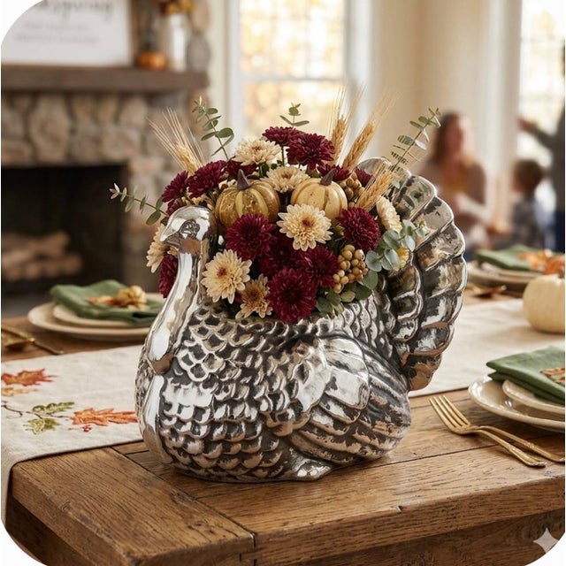 Hollywood Regency Vintage Boston Warehouse Metallic Silver Glazed Ceramic Turkey Planter. Festive Centerpiece. Thanksgiving Christmas For Sale - Image 3 of 3