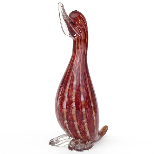 Mid-Century Modern Vintage Murano Sommerso Red Bands Silver Leaf Italian Art Glass Duck Bird Figurine Sculpture For Sale - Image 3 of 5