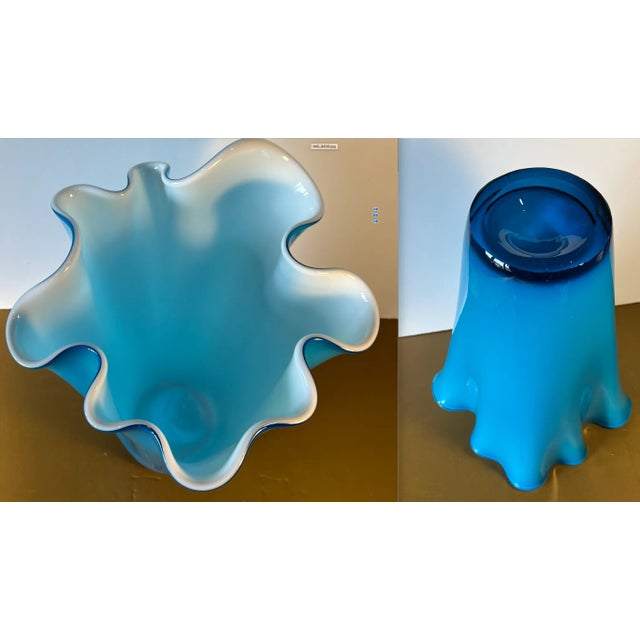 Vintage 16-In. Tall Art Glass Handkerchief Sky Blue Vase With White Cased Glass Interior For Sale - Image 11 of 12