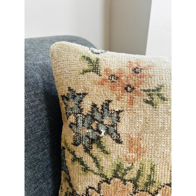 Vintage Turkish Rug Pillow Cover, Handwoven Wool Isparta Floral Cushion, Romantic Peach Sage Dusty Blue Boho Pillow, 16x16 In For Sale - Image 10 of 12