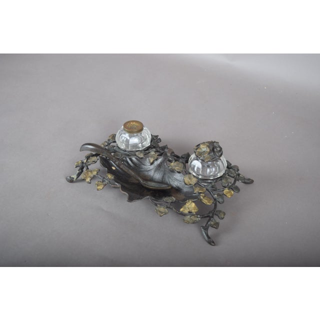 Art Nouveau French Ivy Inkstand with Glass Inkwells, 1900s For Sale - Image 4 of 12