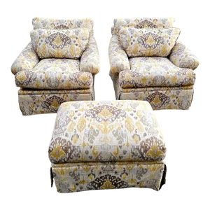 Pair of Large Ikat Upholstered Skirted Lounge Chairs and Ottoman