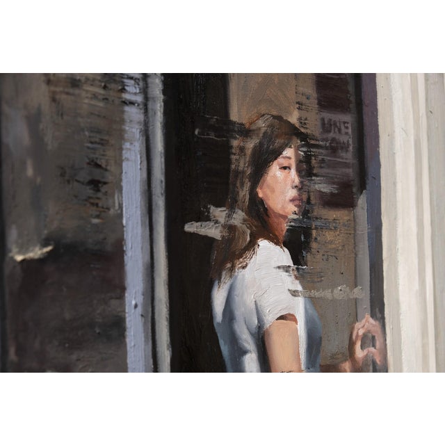 The painting depicts a figure poised at the threshold of an exit, bathed in the interplay of light and shadow that creates...