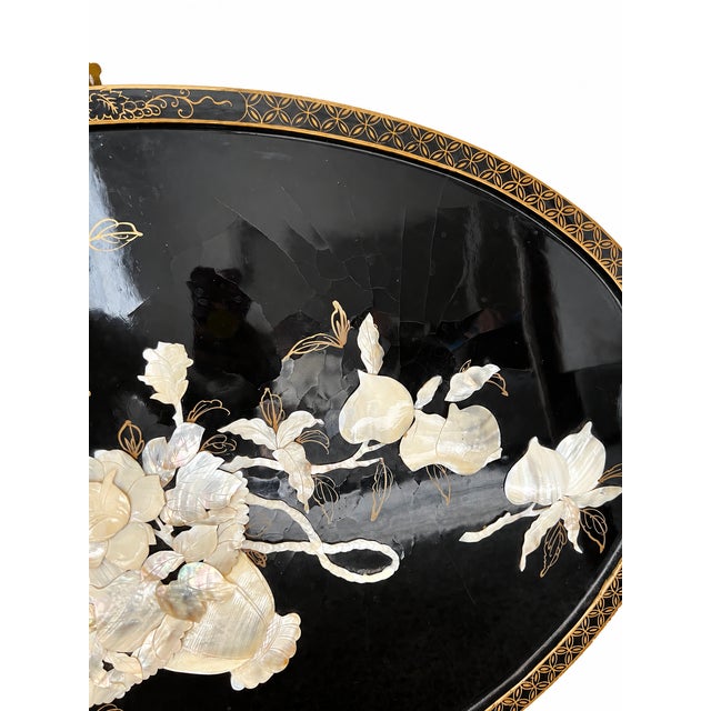 Late 20th Century Chinoiserie Black Lacquer & Mother-of-Pearl Relief Wall Panels — Set of 3 For Sale - Image 12 of 17