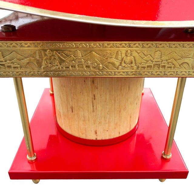 1950s Mid-Century Modern Pagoda Enameled Red Metal & Gold-Tone Tole Chinoiserie Chandelier For Sale - Image 17 of 18