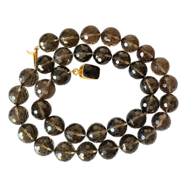 Vintage Art Deco Smoky Quartz Beaded Necklace With Gold-Plated Quartz Clasp For Sale