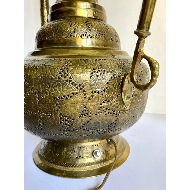 Vintage Moroccan Pierced Brass Ewer-Shaped Statement Lamp For Sale - Image 10 of 12