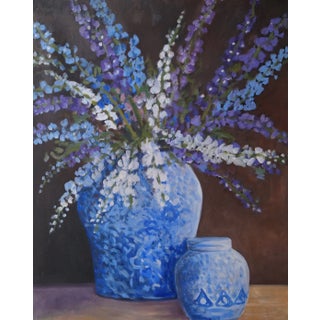 1990s "Still Life with Larkspur" Acrylic Painting For Sale