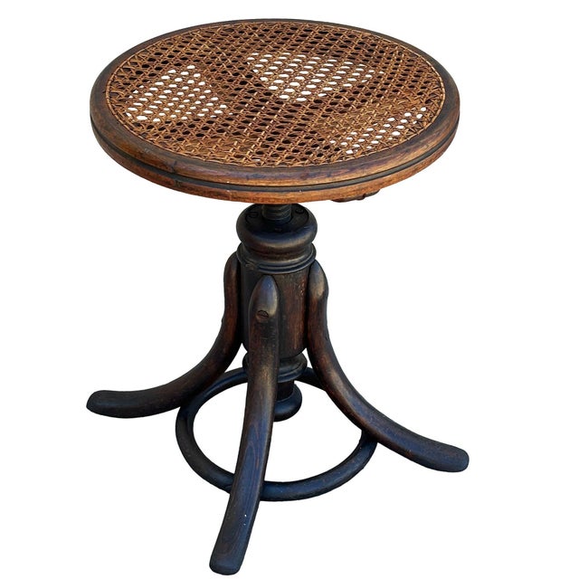 Victorian Late 19th Century Victorian Vienna Bent Oak & Cane Low Piano Stool Attributed to Thonet No. 01 For Sale - Image 3 of 9