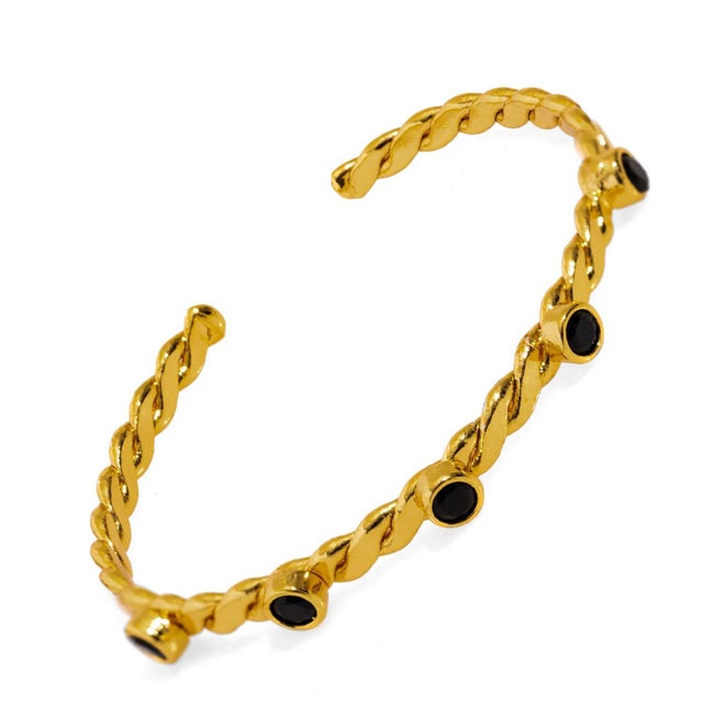 Early 21st Century Twisted Black Onyx & Gold Dainty Cuff Bracelet For Sale - Image 5 of 6