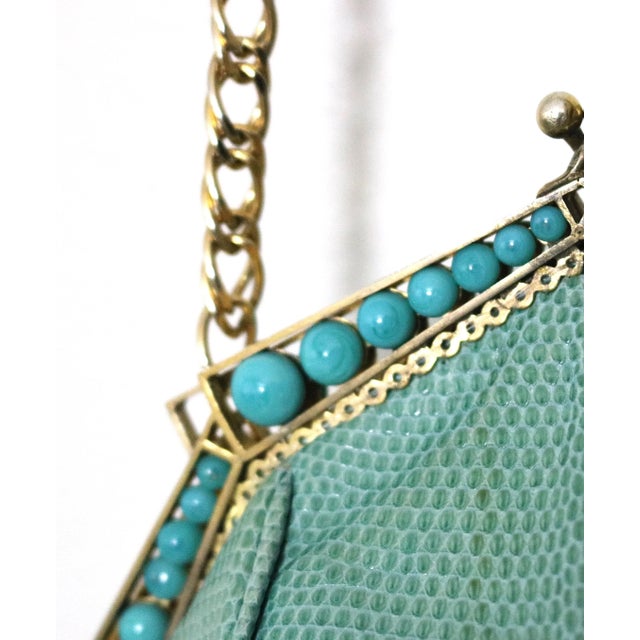1930 Art Deco Gold Plate Frame Snakeskin Evening Bag with Turquoise Beads For Sale In West Palm - Image 6 of 8