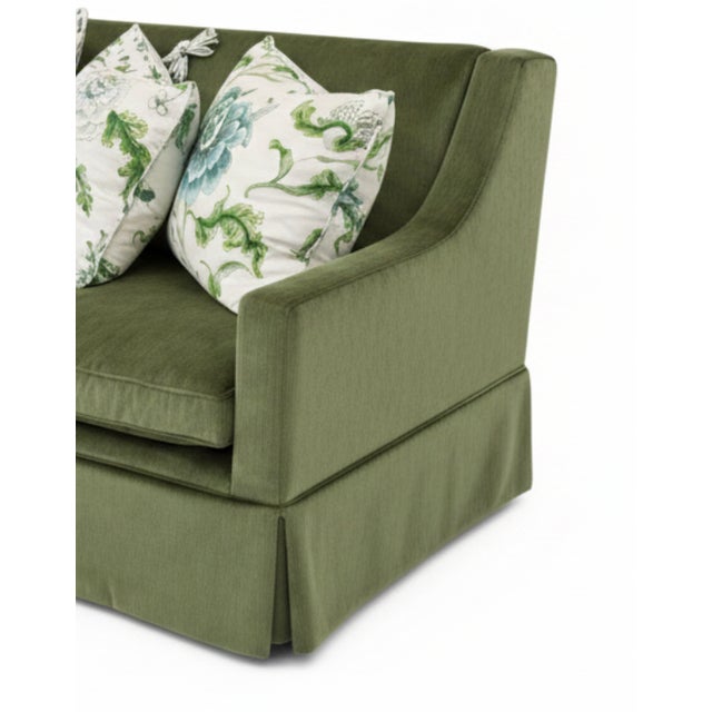 Stunning 84" George Smith sofa, expertly reupholstered in luxurious green velvet. This classic design piece combines...