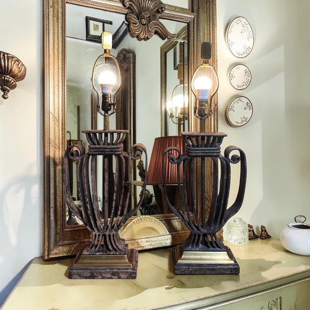 Grand Tour 1991 Monumental Chapman Patinated Iron & Brass Urn Table Lamps - a Pair For Sale - Image 3 of 11