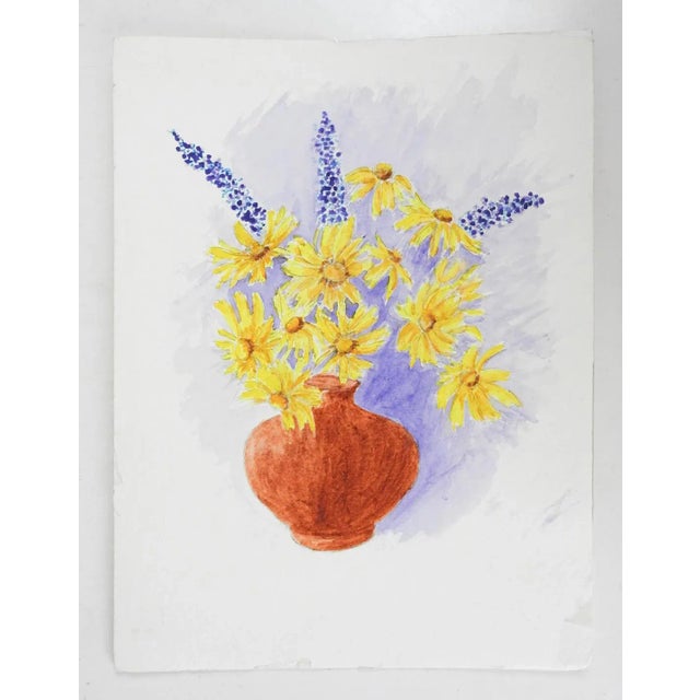 Late 20th century watercolor on paper still life with yellow daisies and blue flowers in rust colored vase. Unsigned....