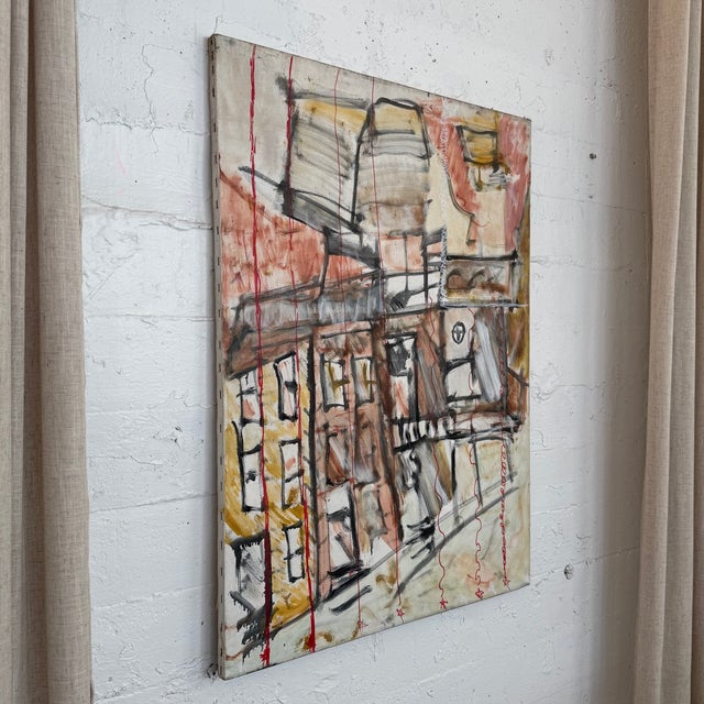 This evocative abstract expressionist acrylic painting from the 1990s features a deconstructed urban cityscape rendered in...