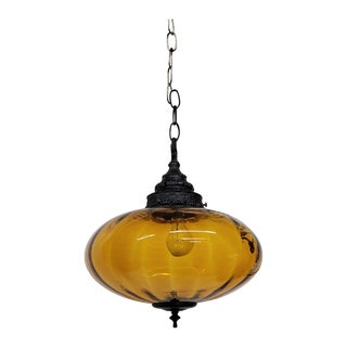 Vintage Boho Chic Gold Glass Swag Hanging Lamp Plug in Light Ufo Shape For Sale