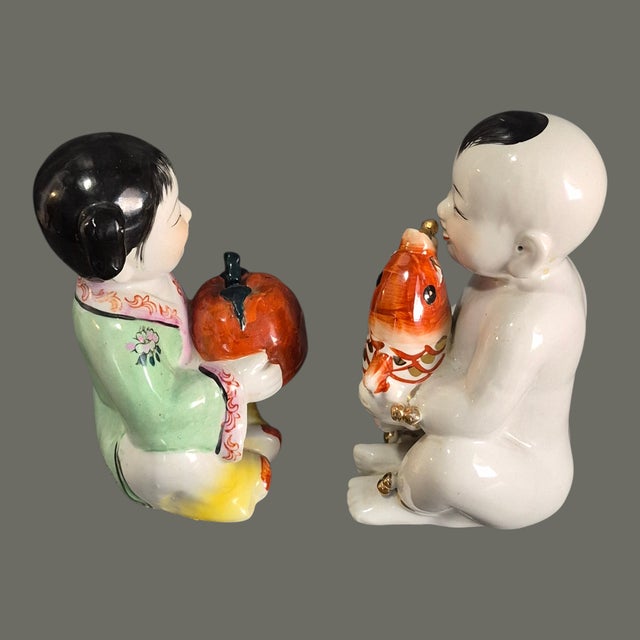 Mid 20th Century Vintage Pair Asian Hand Painted Porcelain Lucky Children Longevity Feng-Shui Figurines For Sale - Image 5 of 8