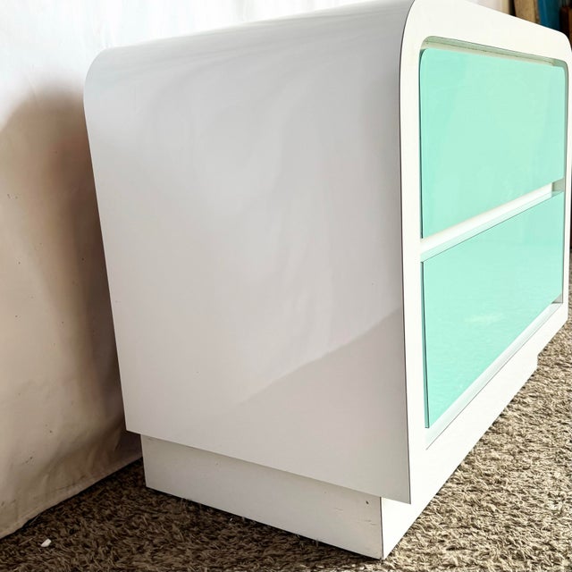 Wood 1980s Postmodern White and Turquoise Lacquer Laminate Waterfall Nightstand For Sale - Image 7 of 7