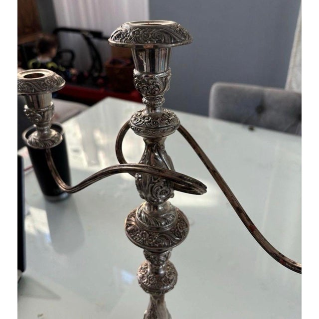 Victorian Vintage Heritage Rogers Bros Ornate Silverplate 3-Arm Candelabra Pair For Sale - Image 3 of 11