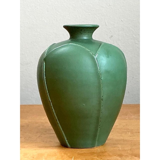 Mid-Century Modern Vintage Geometric Green Ceramic Vase For Sale - Image 3 of 12