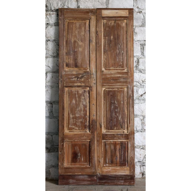 Mid-Century Modern 1920s Hand-Carved Sliding Double Door – Vintage Reclaimed Wood Pantry & Closet Doors 80x34 For Sale - Image 3 of 4