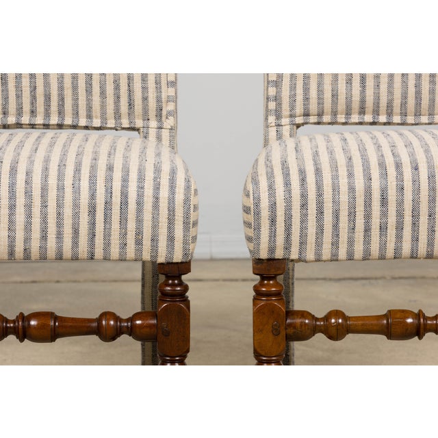 Antique French Louis XIII Walnut Dining Chairs in Tailored Stripe - Set of 8 For Sale - Image 9 of 18
