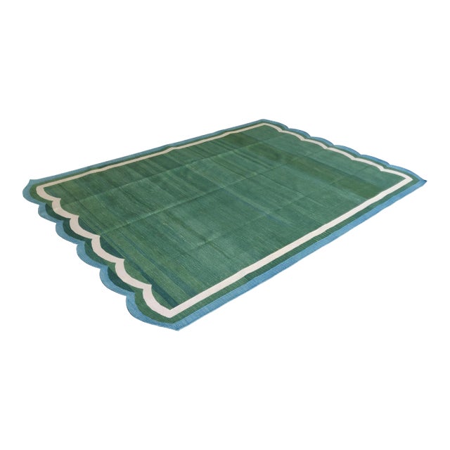 Handmade Cotton Vegetable Dyed Scalloped Green Rug With Teal Blue Border - 12'x15' For Sale
