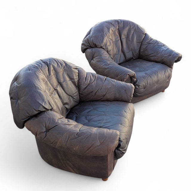 Late 20th Century Slouchy Overstuffed Leather Lounge Chairs in Chocolate Brown - Pair For Sale - Image 12 of 18
