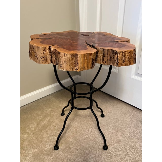 Metal Live Edge Wood Side Table With Iron Base For Sale - Image 7 of 7