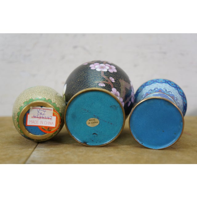 6 Chinese Brass Cloisonne Enameled Floral Vases Brush Bowls Ashtray Dishes For Sale - Image 16 of 17