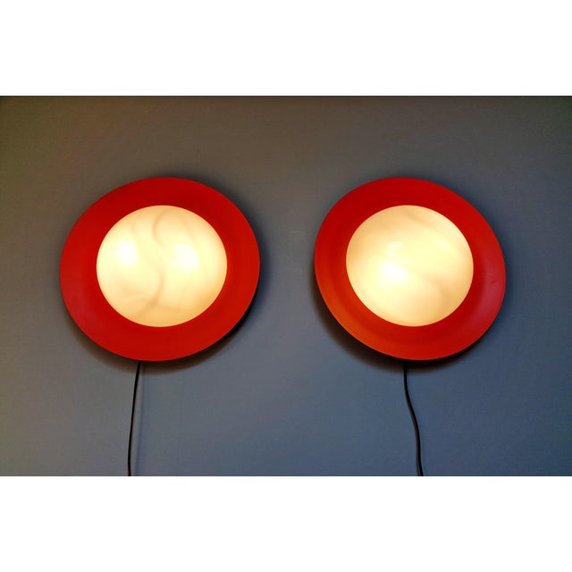 Orange Space Age Round Wall Sconces in Orange Lacquered Metal and White Opaline Glass, 1960s, Set of 2 For Sale - Image 8 of 18