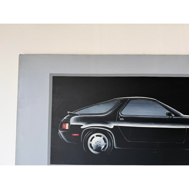 1980s Schamerhorn Classic Black Porsche 928 Oil on Canvas Painting – Signed, Unframed For Sale In Miami - Image 6 of 13