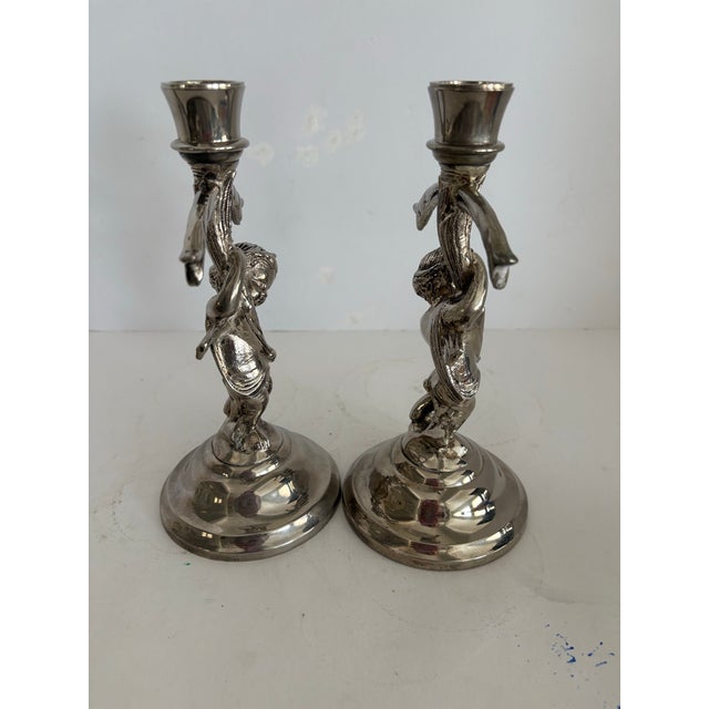 Mid-Century Silverplate Figural Candlesticks With Climbing Boy Motif, Pair Hollywood Regency 1950s Decor For Sale In Indianapolis - Image 6 of 9