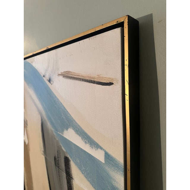 Sky Blue Extra Large Blue and Tan Abstract Painting in Gold Float Frame For Sale - Image 8 of 8
